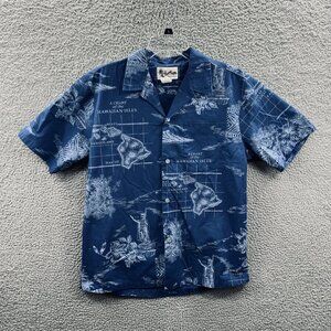 Howie Men Hawaiian Shirt Medium Blue White Islands Aloha Button Front Pocket 80s